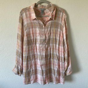 Catherines Womens Blouse Button Up Plaid Size 0X Long Sleeves Pink Casual Top